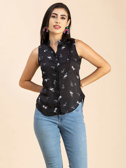 Moomaya - Women Black Sleeveless Mandarin Collar Shirt Top