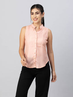 Moomaya - Women Peach Sleeveless Mandarin Collar Shirt Top