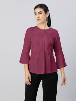 Moomaya - Women Magenta Solid Bell Sleeves Round Neck Top