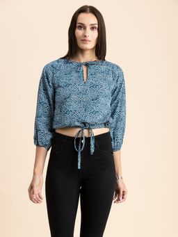 Moomaya - Women Blue Floral Printed Crop Top