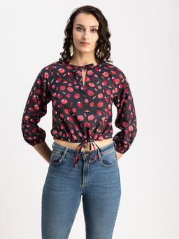 Moomaya - Women Black Floral Printed Crop Top
