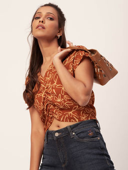 Moomaya - Women Rust Printed Half Sleeve Crop Top