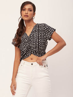 Moomaya - Women Black Printed Half Sleeve Crop Top