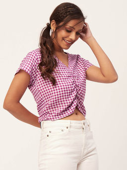 Moomaya - Women Purple Checks Half Sleeve Crop Top