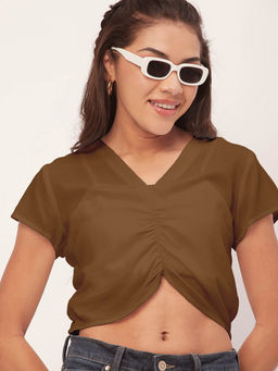 Moomaya - Women Brown Solid Half Sleeves Crop Top