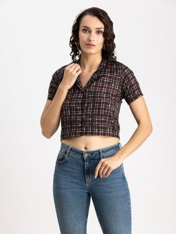 Moomaya - Women Black Checks Half Sleeves Crop Top
