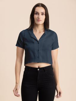 Moomaya - Women Navy Blue Solid Half Sleeves Crop Top