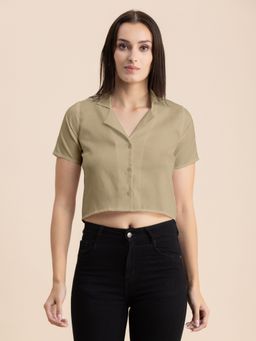 Moomaya - Women Beige Solid Half Sleeves Crop Top