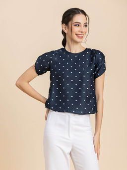Moomaya - Women Navy Blue Polka Dots Round Neck Top