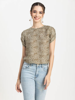 Moomaya - Women Olive Floral Round Neck Top