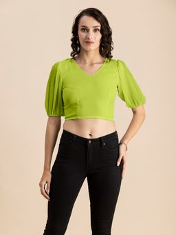 Moomaya - Women Green Solid V Neck Puff Sleeves Crop Top