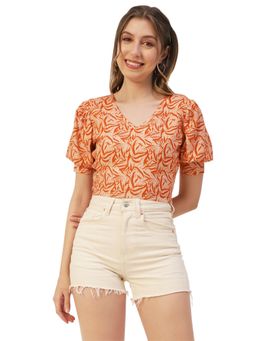 Moomaya - Women Orange Printed Viscose Rayon Crop Top