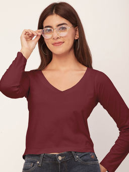 Moomaya - Women Maroon Solid Full Sleeves Crop Top