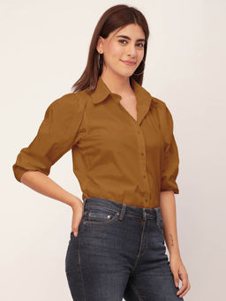 Moomaya - Women Brown Solid Balloon Sleeves Shirt
