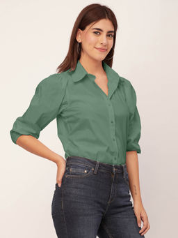Moomaya - Women Green Solid Balloon Sleeves Shirt