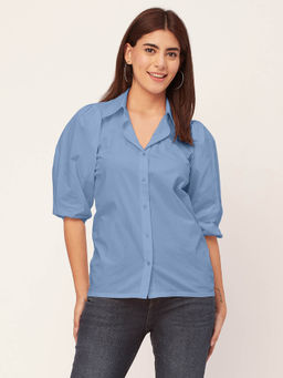 Moomaya - Women Blue Solid Balloon Sleeves Shirt