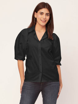 Moomaya - Women Black Solid Balloon Sleeves Shirt