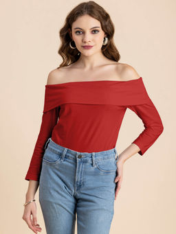 Moomaya - Women Red Solid Off-Shoulder Full Sleeve Top