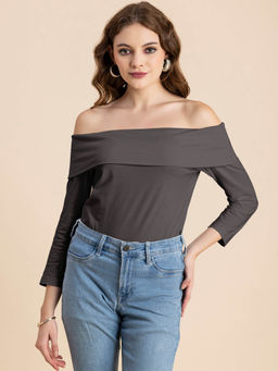 Moomaya - Women Grey Solid Off-Shoulder Full Sleeve Top