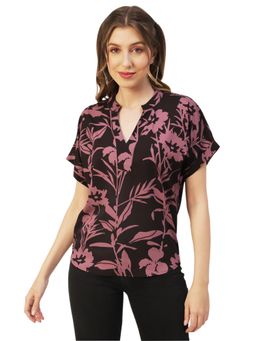 Moomaya - Women Black Mandarin Neck Floral Top
