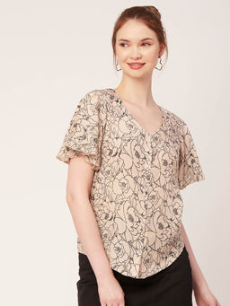 Moomaya - Women Beige Floral Flared Sleeve Top