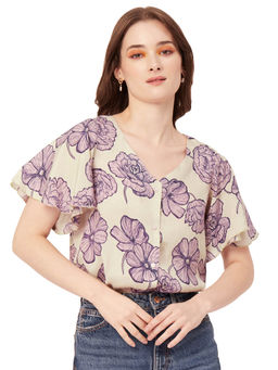 Moomaya - Women Cream Floral Flared Sleeve Top