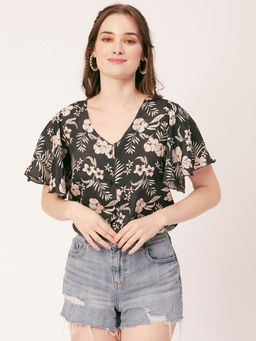 Moomaya - Women Black Floral Flared Sleeve Top
