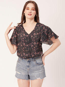Moomaya - Women Brown Floral Flared Sleeve Top