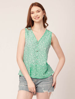 Moomaya - Women Green Floral Sleeveless V-Neck Top