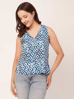 Moomaya - Women Blue Printed Sleeveless V-Neck Top