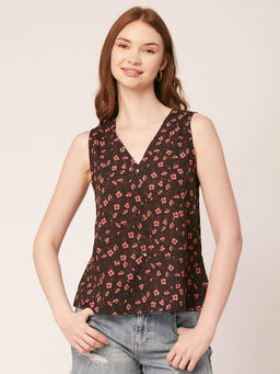 Moomaya - Women Black Floral Sleeveless V-Neck Top