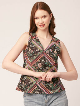 Moomaya - Women Multi-Color Printed Sleeveless V-Neck Top