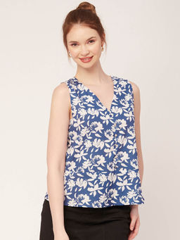Moomaya - Women Blue Floral Sleeveless V-Neck Top