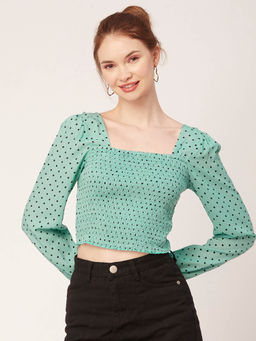Moomaya - Women Green Polka Dots Square Neck Crop Top