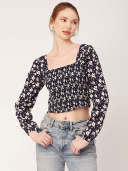 Moomaya - Women Navy Blue Floral Square Neck Crop Top