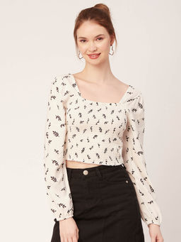Moomaya - Women Cream Printed Square Neck Crop Top