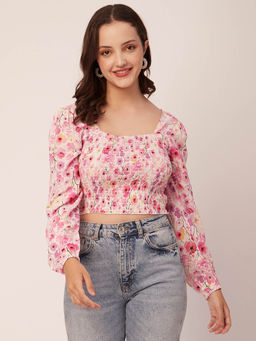 Moomaya - Women Off White Floral Square Neck Crop Top