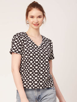 Moomaya - Women Black Printed Cotton Top