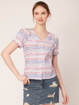 Moomaya - Women White Stripes Cotton Top
