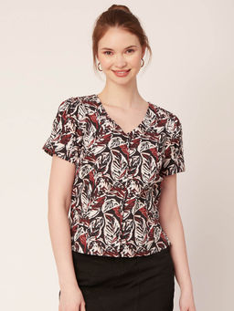 Moomaya - Multi-Color Printed V Neck Cotton Top