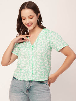 Moomaya - Women Green V-Neck Printed Top