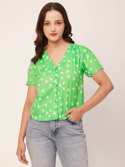 Moomaya - Women Green V-Neck Printed Top