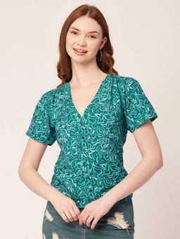 Moomaya - Women Teal V-Neck Floral Top