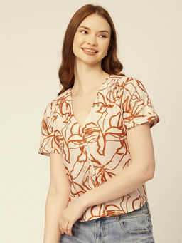 Moomaya - Women Beige V-Neck Printed Top