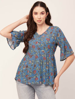 Moomaya - Women Blue Floral Printed Casual Top