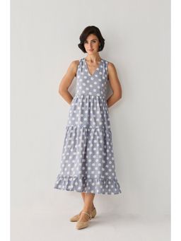 Reistor - Tiered Midi Dress In Grey Polka Dots