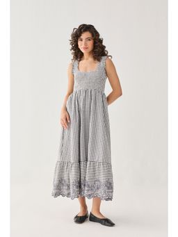 Reistor - The Smocked Midi Dress In Grey Checks