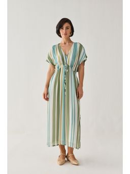 Reistor - Gathered Midi Dress In Multi-Color Stripes
