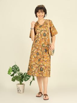 SPARSA - Mustard Printed Half-Sleeve V-Neck A-Line Cotton Dress