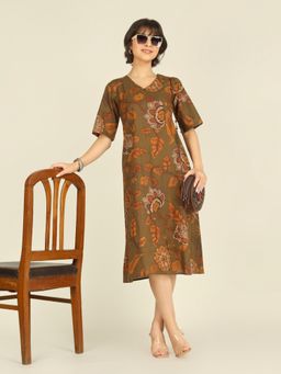 SPARSA - Olive Printed Half-Sleeve V-Neck A-Line Cotton Dress